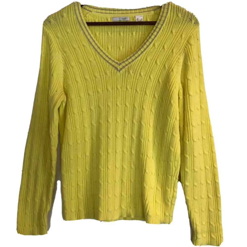 Lizgolf Golf V-Neck Cable Knit Sweater Yellow Gray
